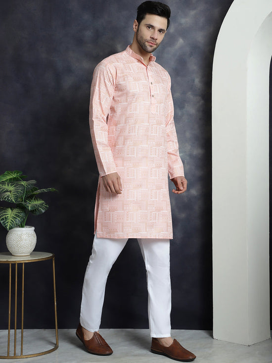 Men's Printed Kurta with Churidar-JOKP-P-5031Peach