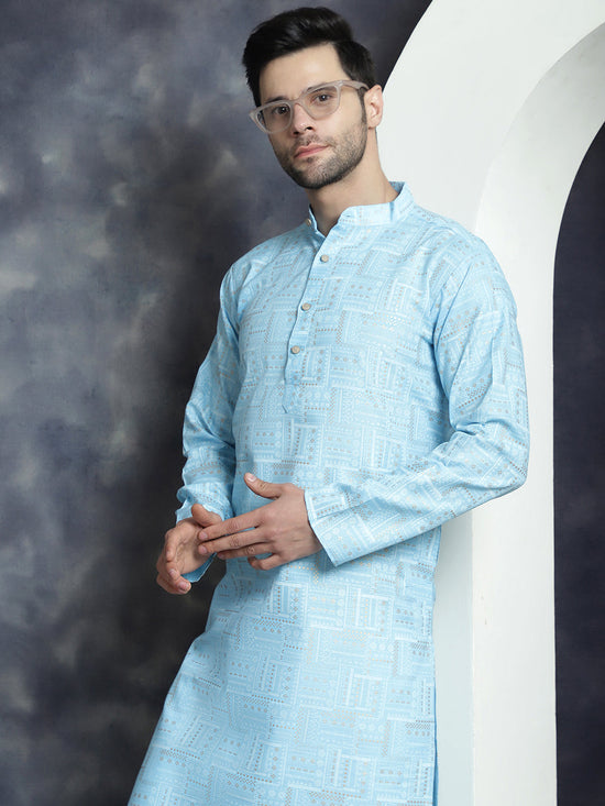 Men's Printed Kurta with Churidar-JOKP-P-5031Sky