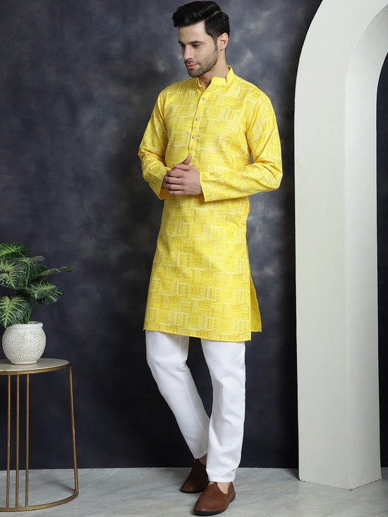 Men's Printed Kurta with Churidar-JOKP-P-5031Yellow