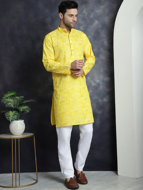 Men's Printed Kurta with Churidar-JOKP-P-5031Yellow