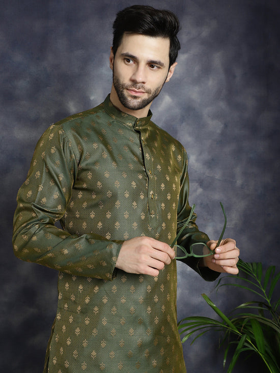 Woven Design Silk Blend Kurta with Pyjama-JOKP-P-5032Olive