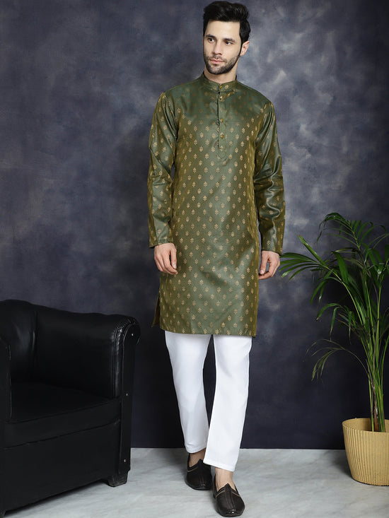 Woven Design Silk Blend Kurta with Pyjama-JOKP-P-5032Olive