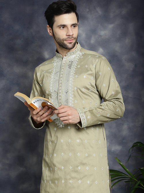 Men's Sequins Embroidered Kurta Pyjama Set.-JOKP-P-5038Beige