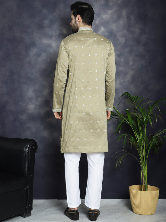 Men's Sequins Embroidered Kurta Pyjama Set.-JOKP-P-5038Beige