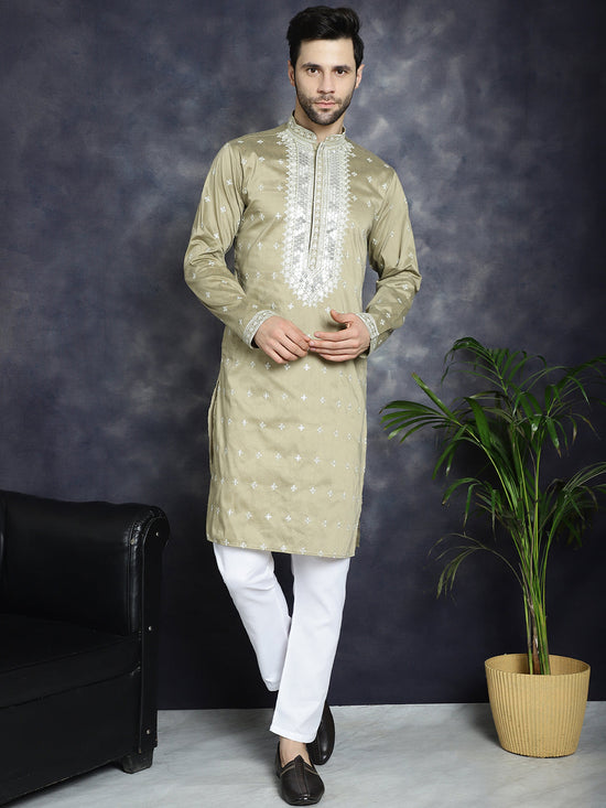 Men's Sequins Embroidered Kurta Pyjama Set.-JOKP-P-5038Beige