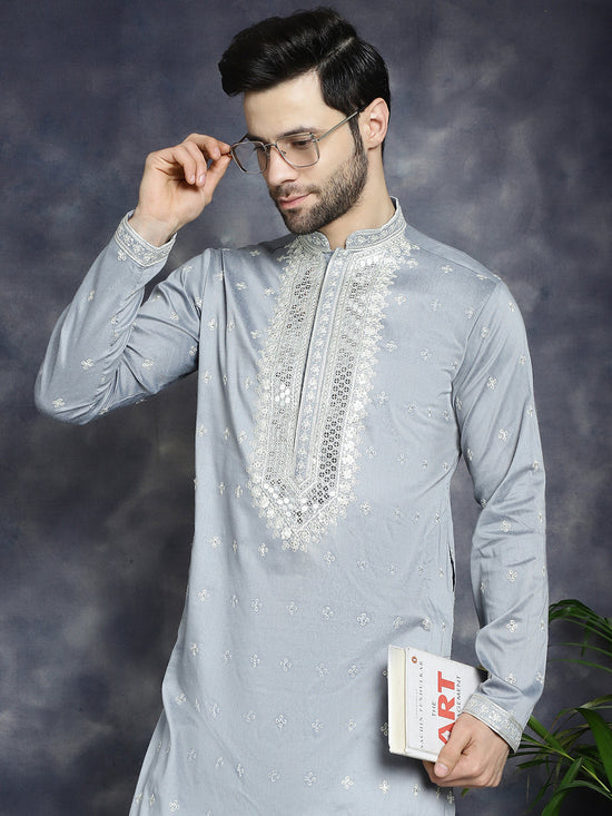 Men's Sequins Embroidered Kurta Pyjama Set.-JOKP-P-5038Grey