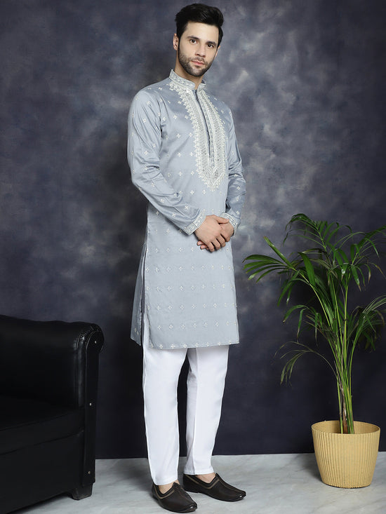 Men's Sequins Embroidered Kurta Pyjama Set.-JOKP-P-5038Grey