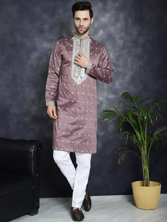 Men's Sequins Embroidered Kurta Pyjama Set.-JOKP-P-5038Megenta