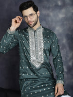 Men's Sequins Embroidered Kurta Pyjama Set.-JOKP-P-5038Olive