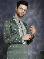 Men's Chikankari Embroidered Kurta Pyjama Set.-JOKP-P-5039Olive