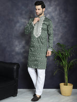 Men's Chikankari Embroidered Kurta Pyjama Set.-JOKP-P-5039Olive