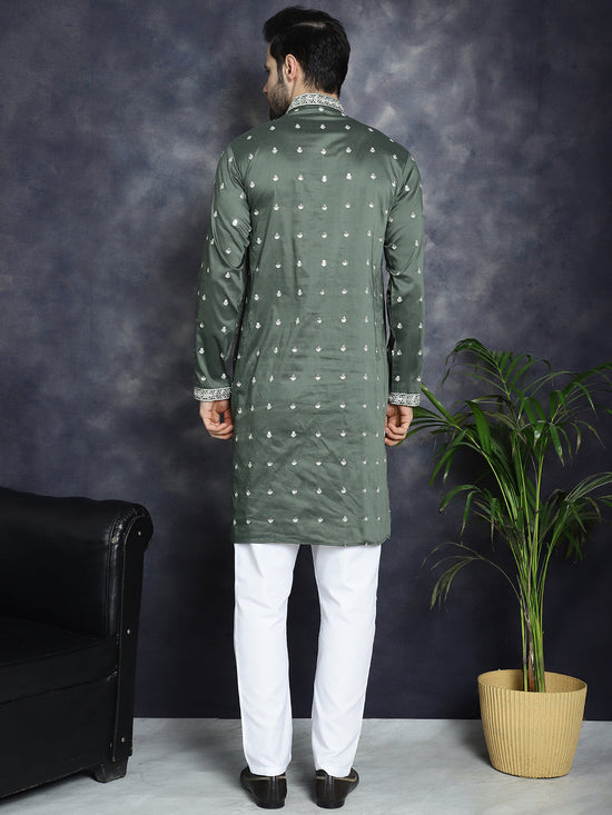 Men's Chikankari Embroidered Kurta Pyjama Set.-JOKP-P-5039Olive