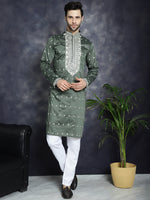 Men's Chikankari Embroidered Kurta Pyjama Set.-JOKP-P-5039Olive