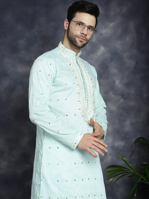 Men's Chikankari Embroidered Kurta Pyjama Set.-JOKP-P-5039Sky