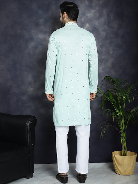 Men's Chikankari Embroidered Kurta Pyjama Set.-JOKP-P-5039Sky