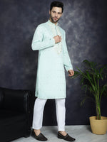 Men's Chikankari Embroidered Kurta Pyjama Set.-JOKP-P-5039Sky