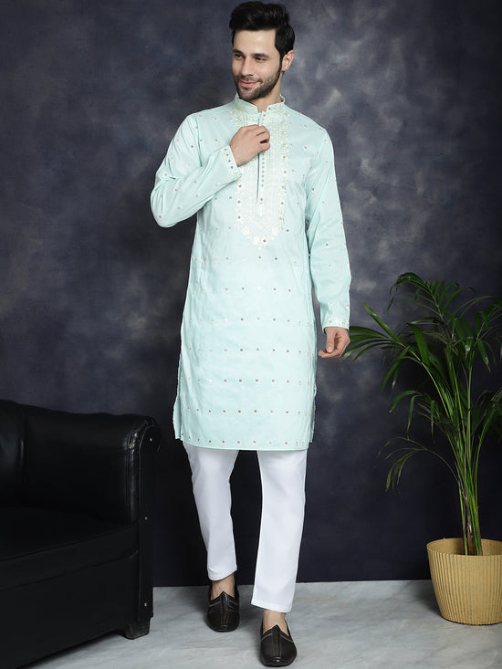 Men's Chikankari Embroidered Kurta Pyjama Set.-JOKP-P-5039Sky