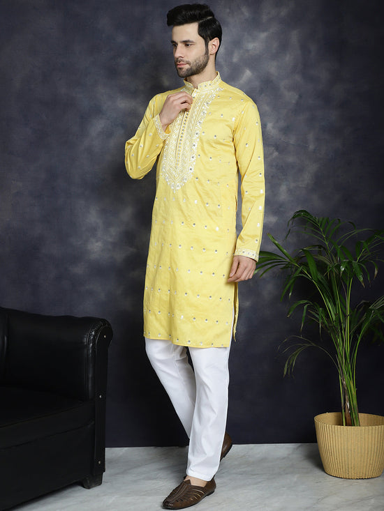 Men's Chikankari Embroidered Kurta Pyjama Set.-JOKP-P-5039Yellow