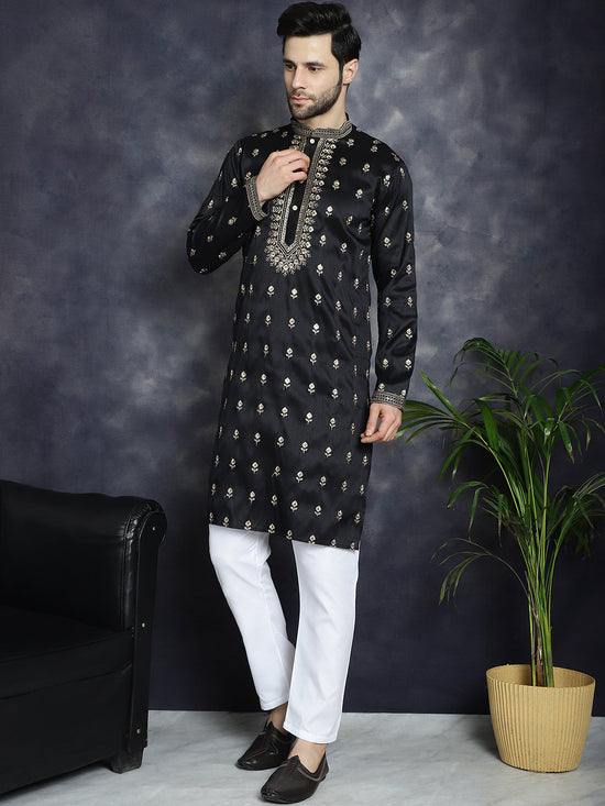 Men's Black Chikankari Embroidered Kurta With Pyjama.-JOKP-P-5042Black