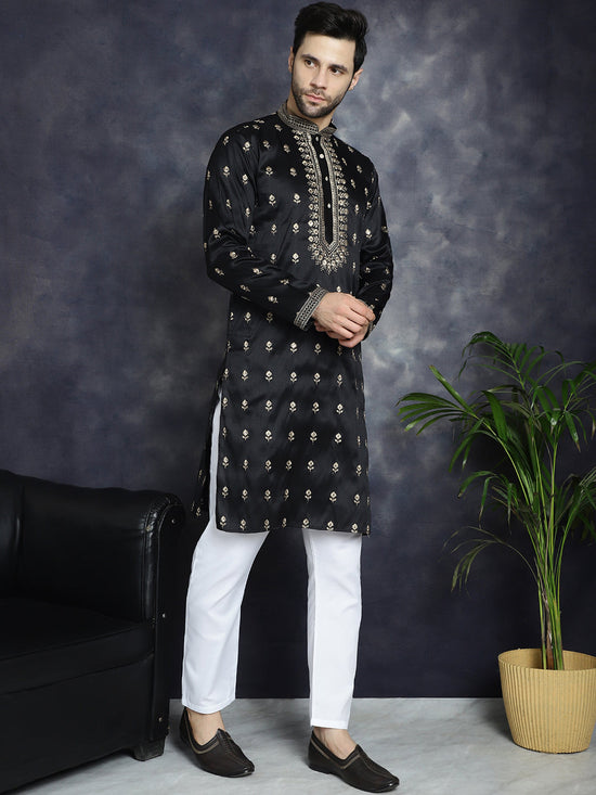 Men's Black Chikankari Embroidered Kurta With Pyjama.-JOKP-P-5042Black