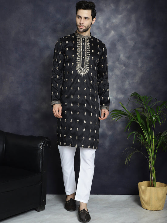 Men's Black Chikankari Embroidered Kurta With Pyjama.-JOKP-P-5042Black