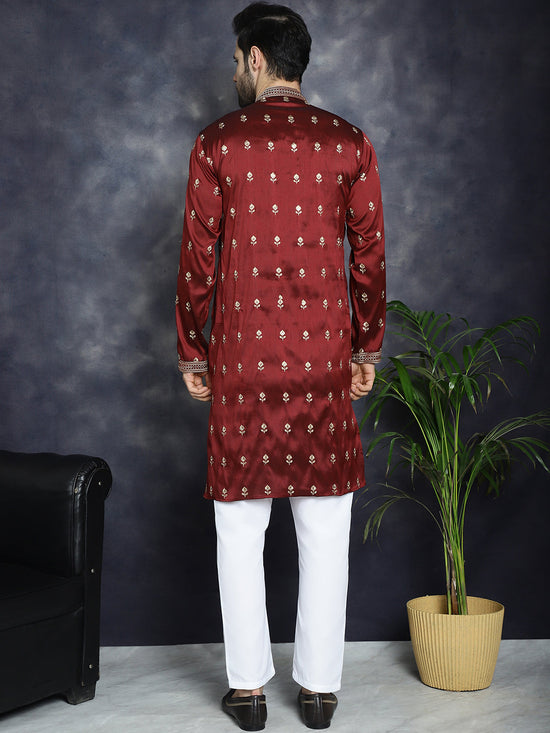 Men's Maroon Chikankari Embroidered Kurta With Pyjama.-JOKP-P-5042Maroon