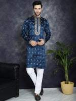 Men's Navy Blue Chikankari Embroidered Kurta With Pyjama.-JOKP-P-5042Navy