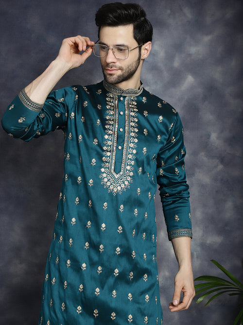 Men's Peacock Blue Chikankari Embroidered Kurta With Pyjama.-JOKP-P-5042Peacock