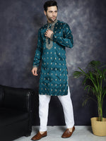 Men's Peacock Blue Chikankari Embroidered Kurta With Pyjama.-JOKP-P-5042Peacock