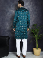 Men's Peacock Blue Chikankari Embroidered Kurta With Pyjama.-JOKP-P-5042Peacock