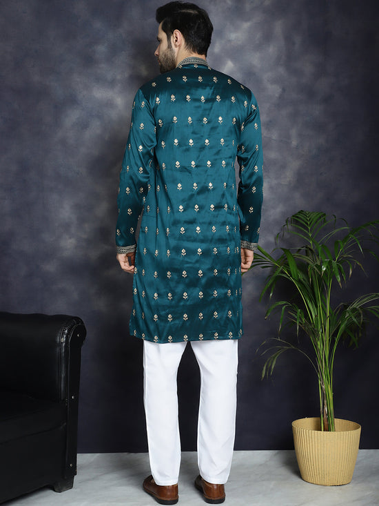 Men's Peacock Blue Chikankari Embroidered Kurta With Pyjama.-JOKP-P-5042Peacock