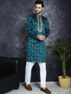 Men's Peacock Blue Chikankari Embroidered Kurta With Pyjama.-JOKP-P-5042Peacock