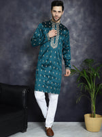 Men's Peacock Blue Chikankari Embroidered Kurta With Pyjama.-JOKP-P-5042Peacock