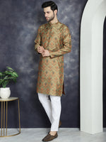 Men Golden Silk Blend Straight Kurta Pyjama Set-JOKP-P-5043Golden