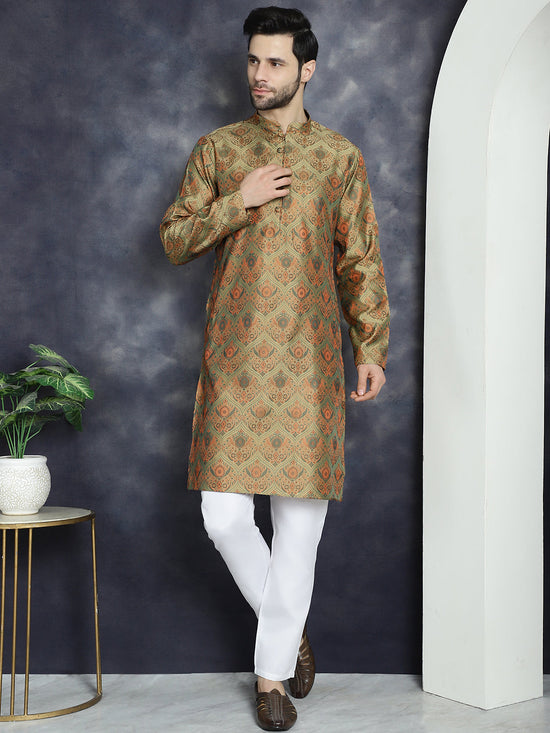 Men Golden Silk Blend Straight Kurta Pyjama Set-JOKP-P-5043Golden