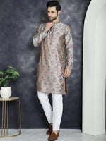 Men Silver Silk Blend Straight Kurta Pyjama Set-JOKP-P-5043Silver