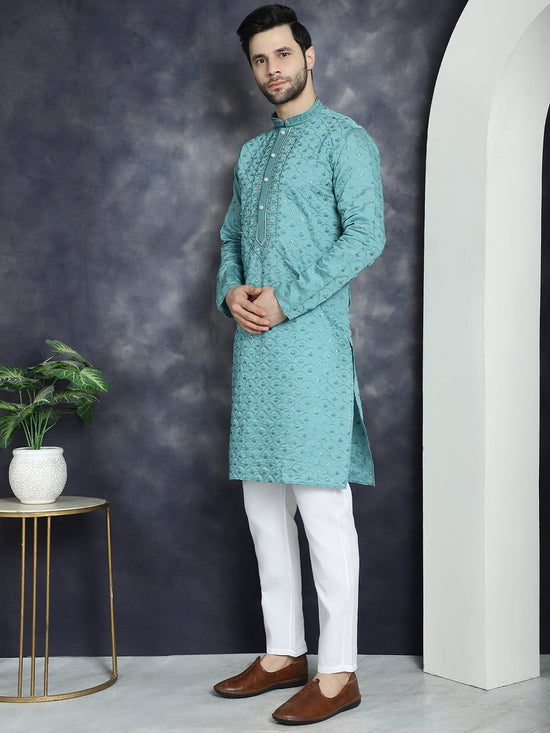 Men's Sequins Embroidered Kurta With Pyjama.-JOKP-P-5044Blue