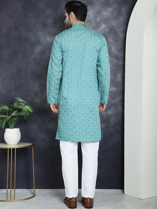 Men's Sequins Embroidered Kurta With Pyjama.-JOKP-P-5044Blue