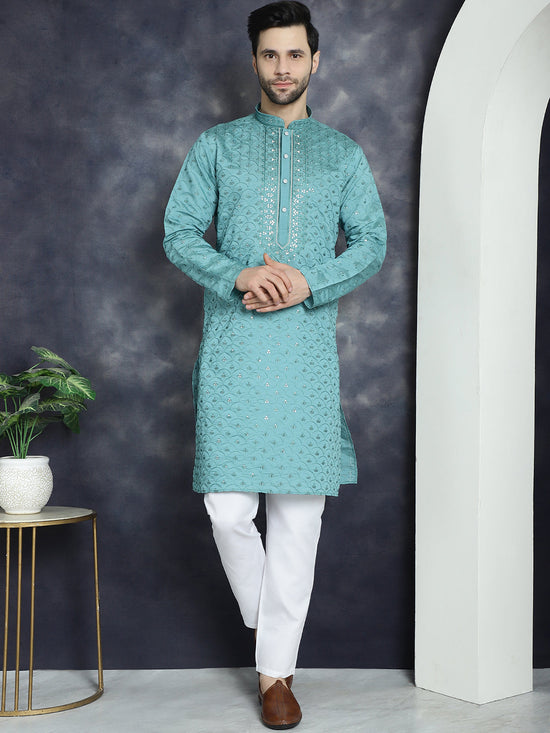 Men's Sequins Embroidered Kurta With Pyjama.-JOKP-P-5044Blue