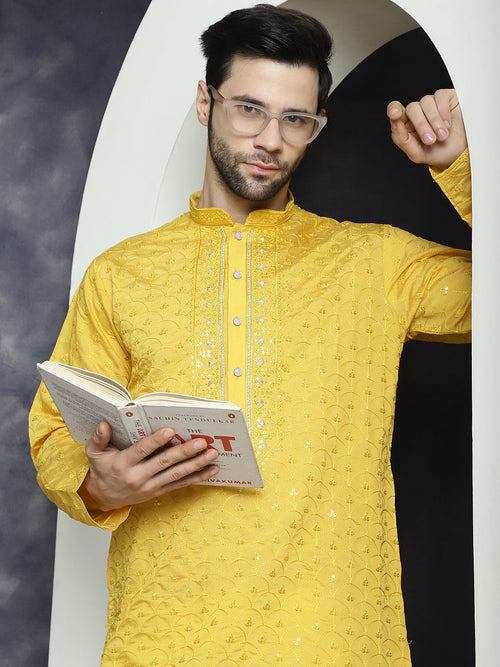 Men's Sequins Embroidered Kurta With Pyjama.-JOKP-P-5044Mustard