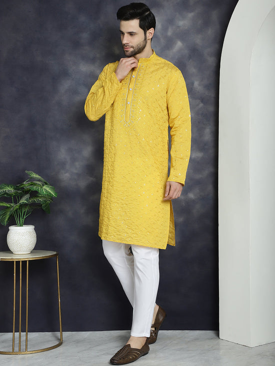 Men's Sequins Embroidered Kurta With Pyjama.-JOKP-P-5044Mustard