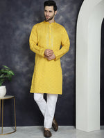 Men's Sequins Embroidered Kurta With Pyjama.-JOKP-P-5044Mustard