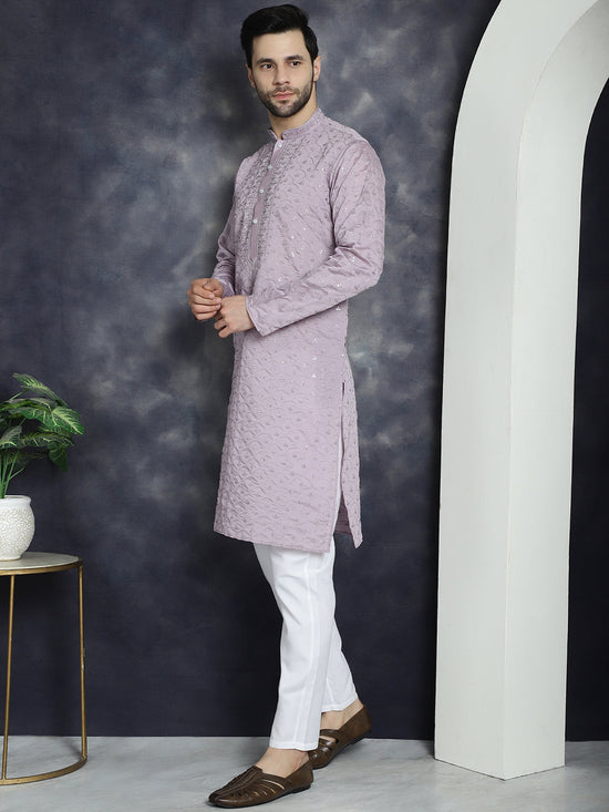 Men's Sequins Embroidered Kurta With Pyjama.-JOKP-P-5044Purple