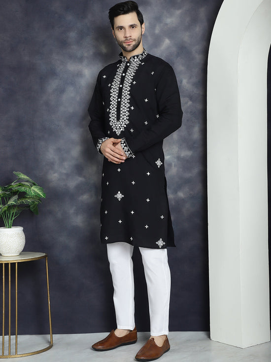 Men's Embroidered Kurta With Pyjama.-JOKP-P-5045Black