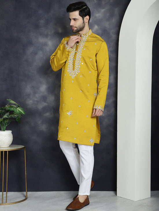 Men's Embroidered Kurta With Pyjama.-JOKP-P-5045Mustard