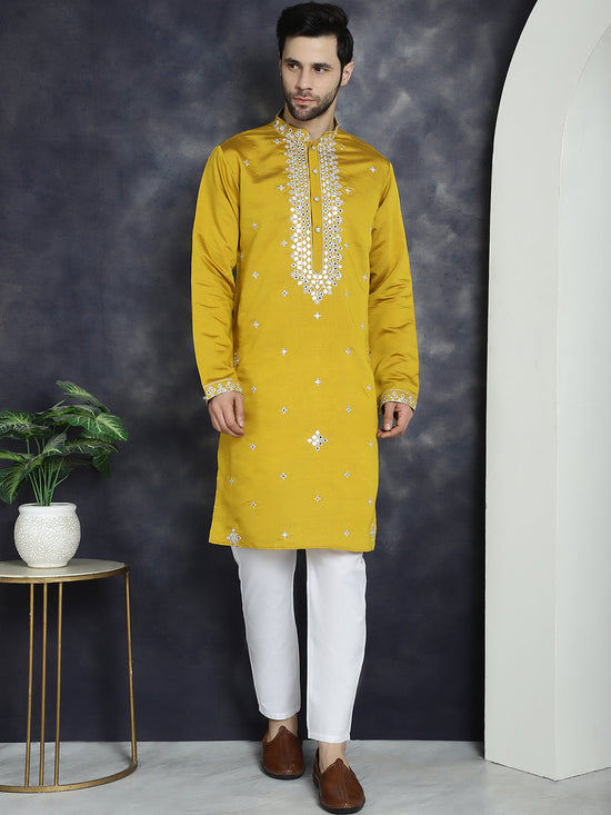 Men's Embroidered Kurta With Pyjama.-JOKP-P-5045Mustard