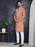 Men's Embroidered Kurta With Pyjama.-JOKP-P-5045Peach