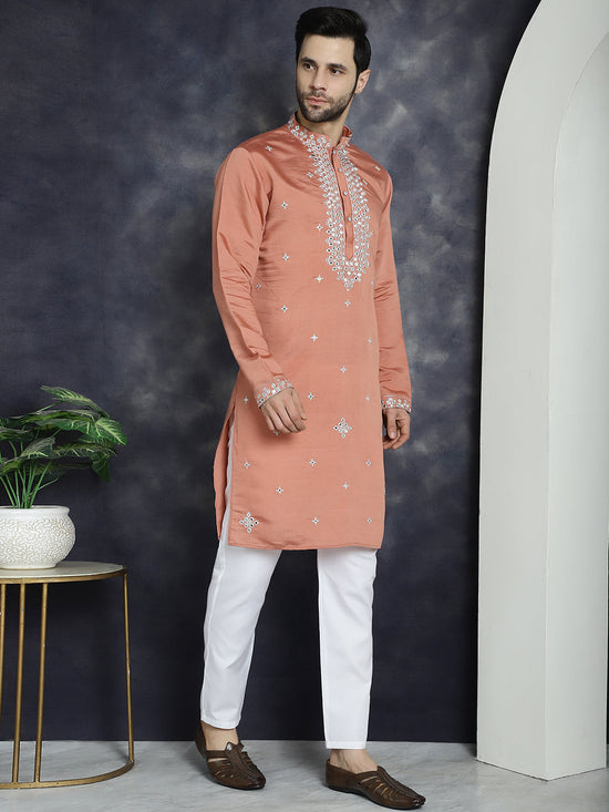 Men's Embroidered Kurta With Pyjama.-JOKP-P-5045Peach