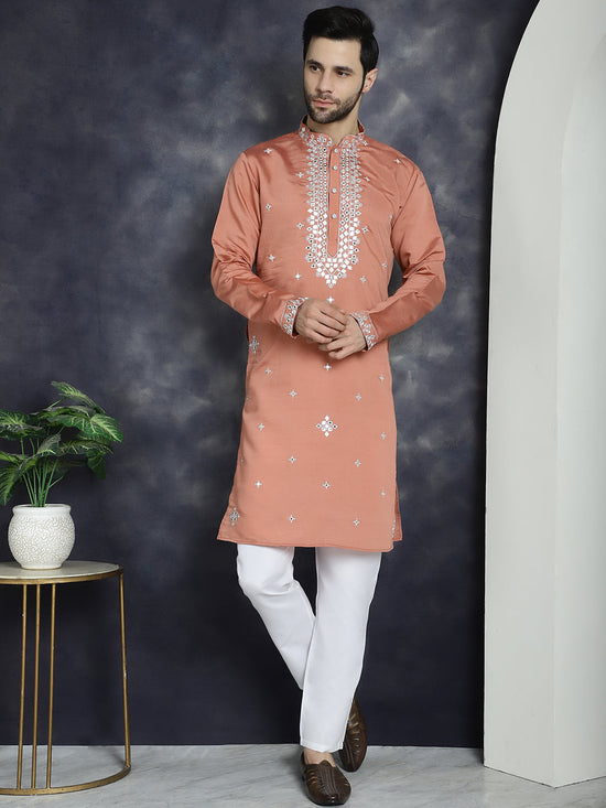 Men's Embroidered Kurta With Pyjama.-JOKP-P-5045Peach