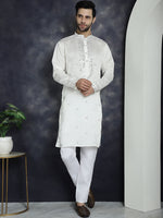 Men's Embroidered Kurta With Pyjama.-JOKP-P-5045White